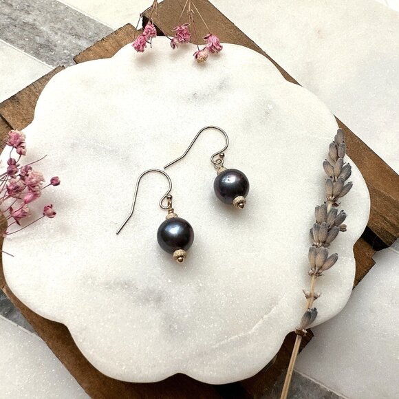 New Elegant Rainbow Peacock Round Freshwater Pearl Earrings | Handmade in BC - Picture 2 of 4